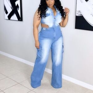 Light Wash Denim Cutout Jumpsuit